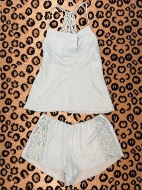 Y2K Baby Blue Lace Cowl Neck Tank and Shorts Lingerie Sleep Set